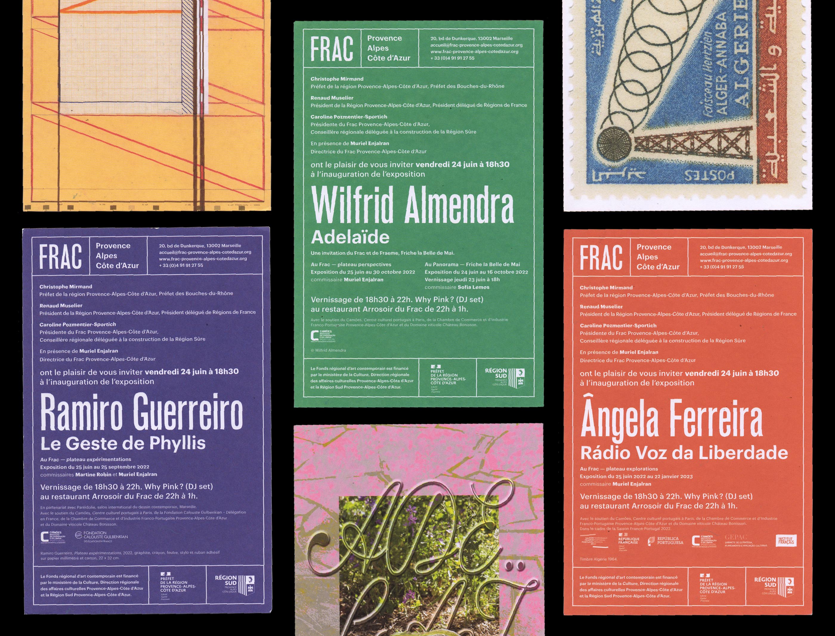 Carton d'invitations pour les expositions de Ramiro Guerreiro; Wilfrid Almendra et Angela Ferreira